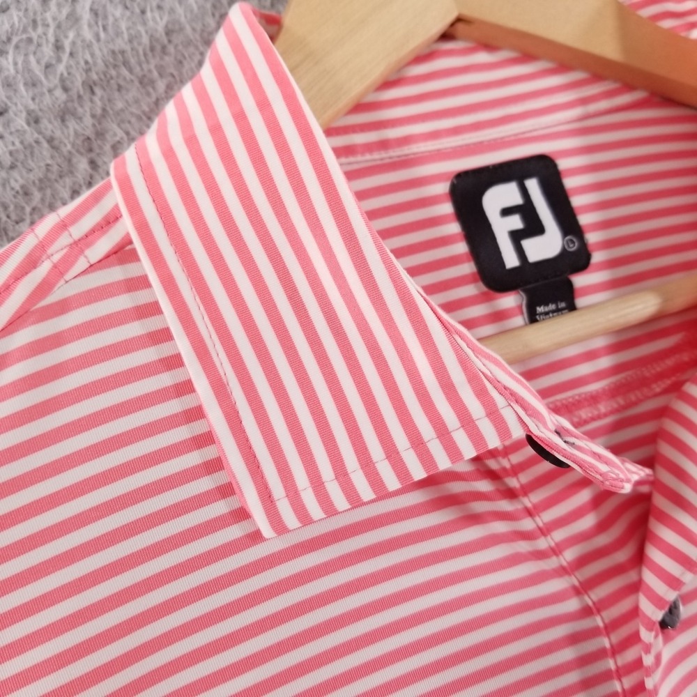 Footjoy Polo Shirt Mens Large Pink White Striped Performance Golf Five Oaks CC